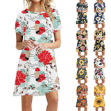 Women Floral Print Short Sleeve Flounce Dress Lightweight Round Neck Mini Dress