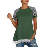 Women's Round Neck Leopard T Shirts Short Sleeve Striped Color Block Casual Tops