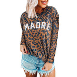 Women's Leopard Letter Print Sweater Long Sleeve Scoop Neck Tops Pullover Blouse