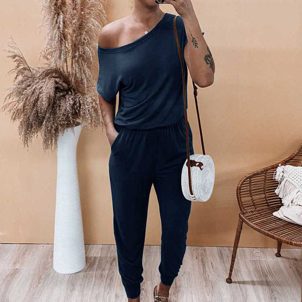 Womens Jumpsuit Crew Neck Off Shoulder Short Sleeve Elastic Waist Romper with Pockets