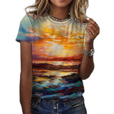 Women Bohemian Short Sleeve T-shirt Fashion Sunset Print Pullover Blouse Tops Summer Beach Casual Loose Work Shirt