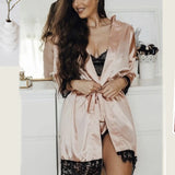 Womens Satin Pajama Set 4 Pcs Floral Lace Trim Cami Lingerie Sleepwear with Robe Nightwear