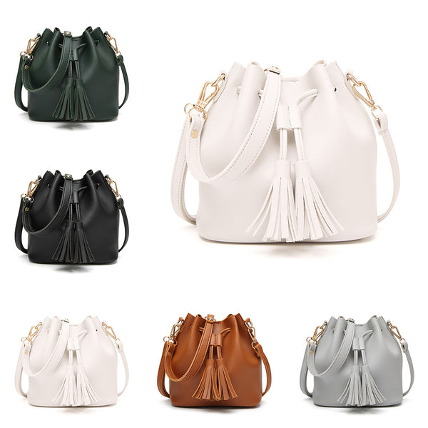 Womens Mini Bucket Bag Leather Drawstring Purse Tassel Crossbody Shoulder Bag