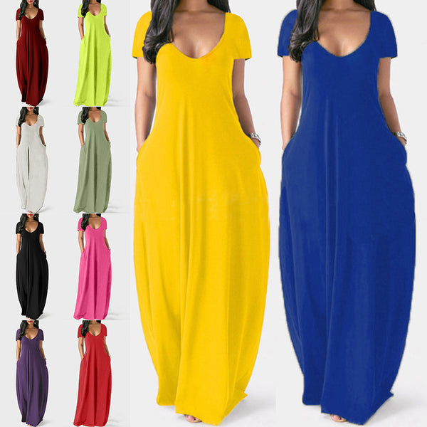 Women Solid Color Long Dress U Neck With Pockets Short Sleeve Comfortable Dress