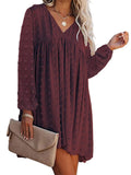 Women's Solid Color V-Neck Mini Dresses Casual Long Sleeve A-Line Dresses Ruched