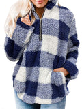 Women Fleece Plaid Jacket Coat Winter Warm Long Sleeve Zip Stand Collar Thick Outwear for Ladies Fashion Plush Comfy Coats With Pockets
