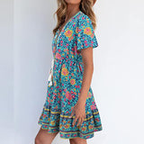 Women Summer Sun Dress Short Sleeve V-Neck Floral Mini Dress Boho Beach Retro V Neck Tassel Swing Tunic Dress