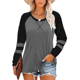Women Color Matching Crew Neck Long Sleeve T-Shirt Pullover Blouse Top Tunic Tee