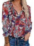 Women's Floral Print V Neck Blouse Shirts Loose Fit Long Lantern Sleeve T Shirts Pullover Tops