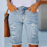 Women Tassel Skinny Stretch Ripped Midi Jeans Streetwear Summer Denim Short Pant