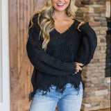 Women V Neck Ripped Tassel Knitted Sweater Jumper Off Shoulder Pullover Knitwear