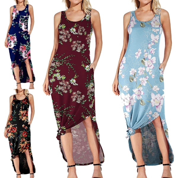 Women Summer Long Vest Skirt Crew Neck Sexy Maxi Dress Casual Floral Print Sundress Side Slit Pocket