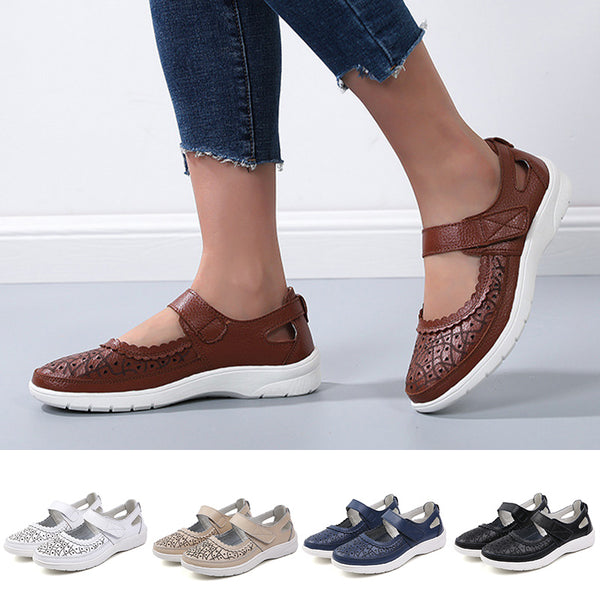 Women Hollow Leather Flat Sandals Summer Comfortable Non-Slip Closed Toe Sandals