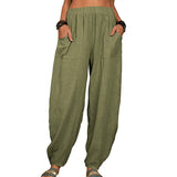 Women Solid Color Loose Cotton Linen Casual Pants Wide Leg Trouser with Pockets