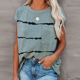 Womens Striped Cap Sleeve Crew Neck Tops T-Shirts