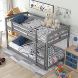 CUH Low Bunk Bed for Kids Bedroom, Twin over Twin Bed,Floor Bunk Bed Frame with Safety Rail, Ladder,Beds Mattress Foundation for Boys Girls, No Box Spring Needed