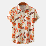 Mens Button Down Shirt Casual Loose Tops Summer Hawaiian Shirts Lapel Neck Short Sleeve T-shirt Mushroom Print Blouse