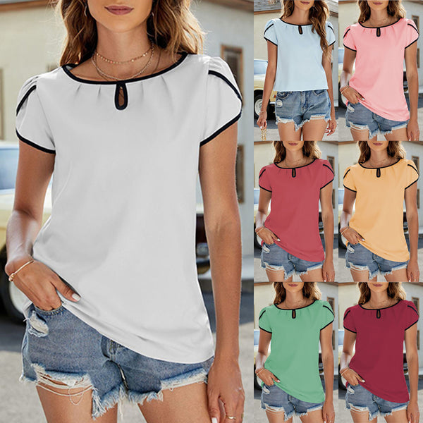 Womens Casual Boho T Shirt Blouses Tops Petal Cap Sleeve Round Neck Keyhole T Shirt Summer Loose Fit Pleated Shirt