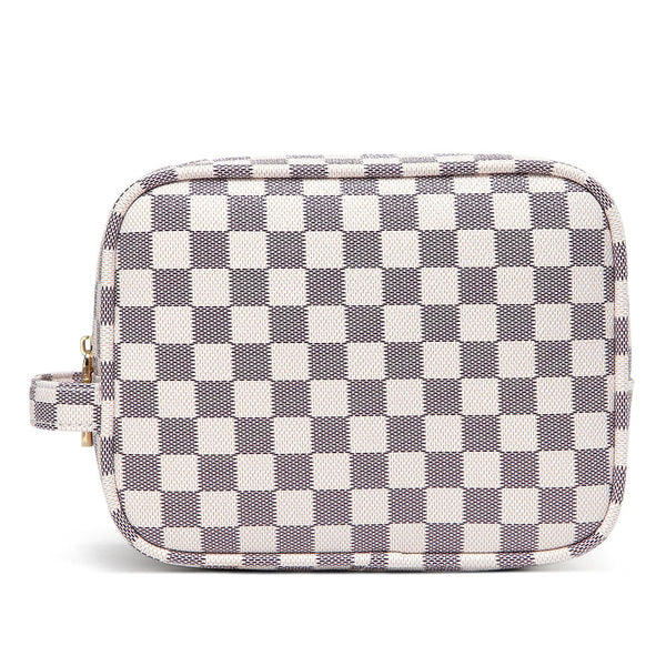 Lumento White Checkered Makeup Bag,Travel Storage Cosmetic Bag,PU Vegan Leather Make Up Pouch,Portable Toiletry Organizer