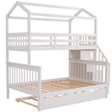 Goory Solid Wood Twin Over Full Bunk Bed With Roof,Kids House Bed With Guard Rail,Converts into 3 Separate Platform Beds,Children Floor Bed With Storage Staircase & Trundle  White