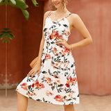 Women Backless Spaghetti Strap Dress Floral Print Pocket Summer Sexy Beach Dress