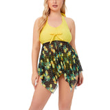 Women Plus Size Swimming Dress Yellow Swimsuit Tummy Control Swimwear Backless Beachwear Bathing Suit