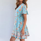 Women Summer Sun Dress Short Sleeve V-Neck Floral Mini Dress Boho Beach Retro V Neck Tassel Swing Tunic Dress
