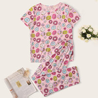 Women Short Sleeve Tops+Pants Round Neck Loungewear Sleepwear Outfit Graphic Print Pajama Set