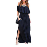 Sexy Off Shoulder Long Maxi Dress for Women Short Sleeve Summer Beach Sundress Split Ruffle Dress with Pocket