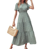 Lumento Women Summer Floral Print Dress Casual Boho Short Sleeve Ruffle Tiered Dress Swing Maxi Dress