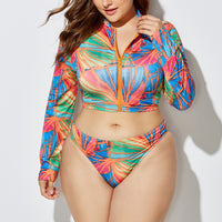 Women Plus Size 3 Piece Bikini  Swimsuit Long Sleeve Bathing Suit Zipper Front Beachwear Swimwear With Scarf