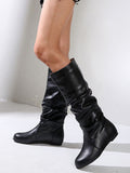 Womens Knee High Boots Winter Warm Fashion Leather Chunky Heel Slip On Flat Booties