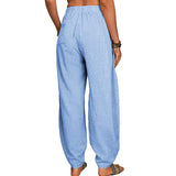Women Solid Color Loose Cotton Linen Casual Pants Wide Leg Trouser with Pockets