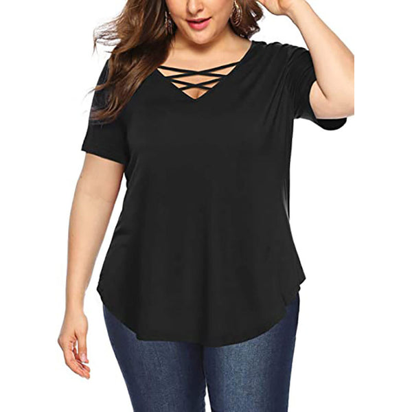 Women V-Neck Solid Color Short Sleeve Casual Blouse Pullover T-Shirt Plus Size