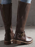 Women PU Leather Buckle Strap Design Boots Chunky Heel Zipper Casual Comfy Biking Boots