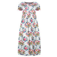 Womens Floral Printed Crew Neck Maxi Dresses Short Sleeves Plus Size Swing Dress