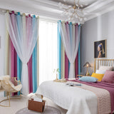 Double Layer Gradient Blackout + Sheer Curtains Starry Hollow-Out Stars Curtain Room Darkening Starry Curtain Eyelet Ring Top Window Drape for Kids Girls Children Bedroom Decor