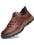 Men Leather Shoes Breathable Anti Slip Lace Up Hiking Sneakers Casual Flat Shoes