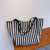 Striped Canvas Beach Tote Casual Daily Travel Shoulder Bag Handbag Shopping Bag