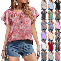 Capreze Women Boho Floral Shirt Tops Ladies Ruffle V Neck Basic Tee Tunic Blouse Summer Flowy T-Shirt Size S-2XL