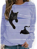 Women 3D Animal Patterns Stripes Design Long Sleeve T-shirt Crew Neck Loose Tops