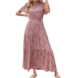 Lumento Women Summer Floral Print Dress Casual Boho Short Sleeve Ruffle Tiered Dress Swing Maxi Dress