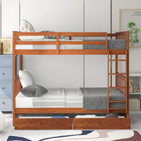 CUH Teens Adults Heavy Duty Full-Length Guardrail Bunk Beds Frame Wood With Ladders And 2 Storage Drawers Full-Over-Full Space-Saving