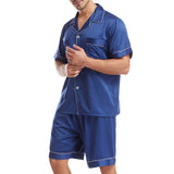 Mens Pajamas Set Solid Color Buttons Tops and Shorts Outfits Set Sleepwear