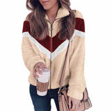 Women Ladies Stitching Zipper Wooly Cardigan Casual Long Sleeve Lapel Coat Tops