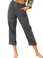 Women Ladies Solid Cotton Linen Pants Pocket Button Loose Ladies Casual Trousers