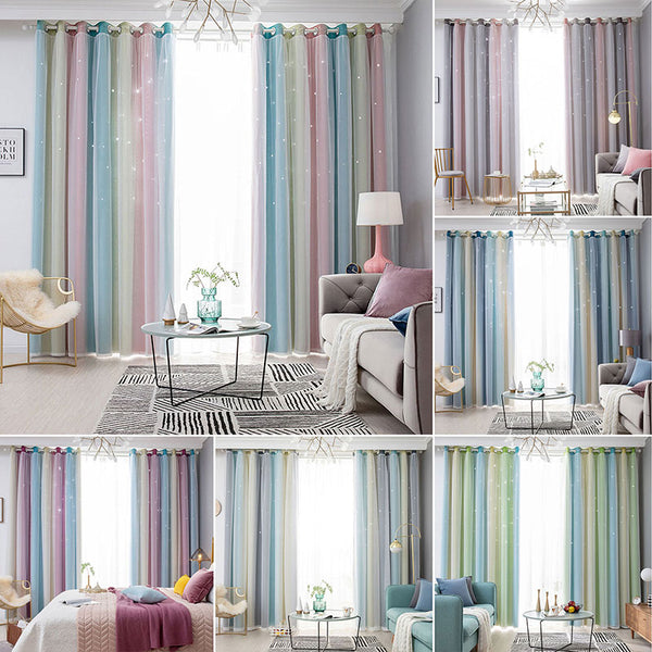 Romantic 2-layer Tulle+Blackout Gradient Curtain Floor Starry Stars Girls Kids Bedroom Decor