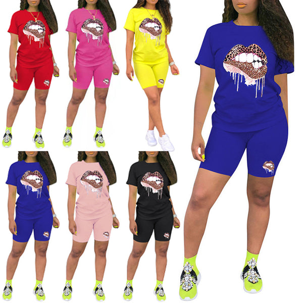Women Lip Printed Casual Two Piece Outfits Summer Short Sleeve T-Shirts Bodycon Shorts Tracksuit Set