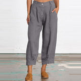 Women Cotton Linen Capri Mid Waist Palazzo Cropped Pants with Pockets Summer Solid Color Casual Loose Trousers