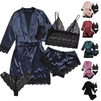 Womens Satin Pajama Set 4 Pcs Floral Lace Trim Cami Lingerie Sleepwear with Robe Nightwear